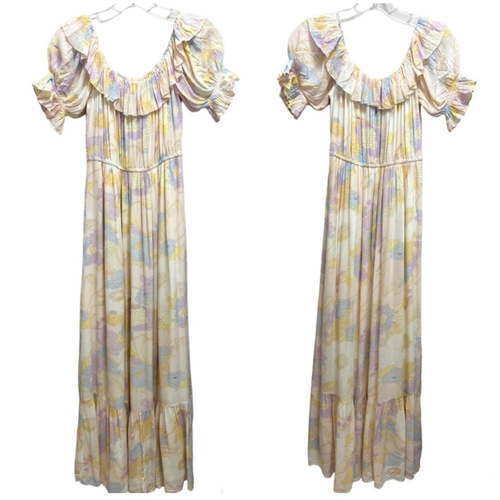 Ba&sh Noma Printed Maxi Dress Off Shoulder Ruffle Pastel Floral Size S - Picture 3 of 10